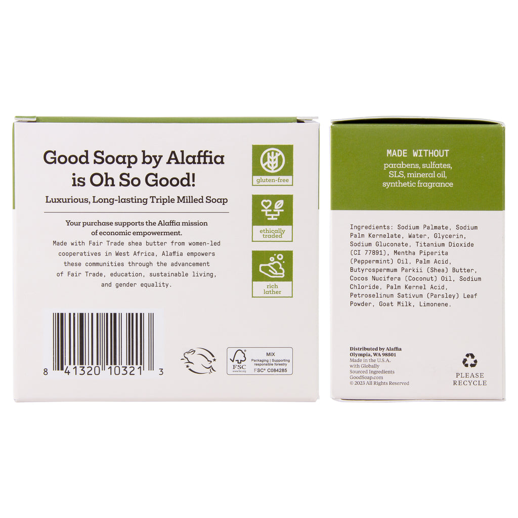 Alaffia Good Soap Peppermint (4 Bars) – Long-lasting, triple-milled soap made with fair trade shea butter. Peppermint scent, gentle for daily use.