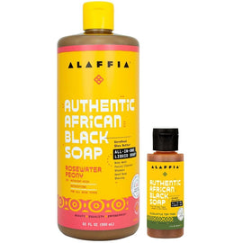 Alaffia Authentic African Black Soap Variety 2-Pack – All-In-One Liquid Soap, Travel-Size Eucalyptus Tea Tree + Full-Size Rosewater Peony Body Wash