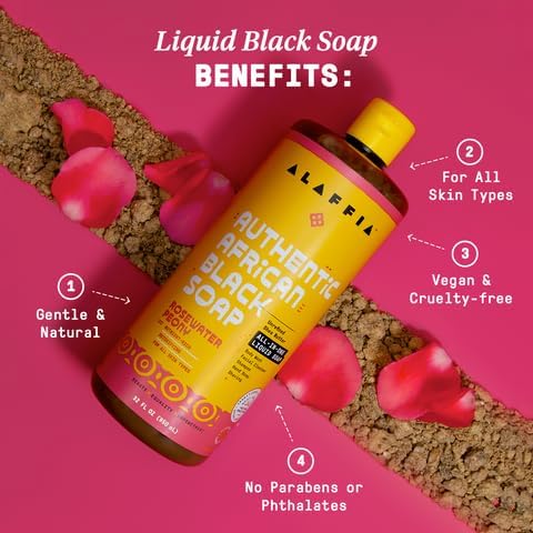 Alaffia Authentic African Black Soap Variety 2-Pack – All-In-One Liquid Soap, Travel-Size Eucalyptus Tea Tree + Full-Size Rosewater Peony Body Wash