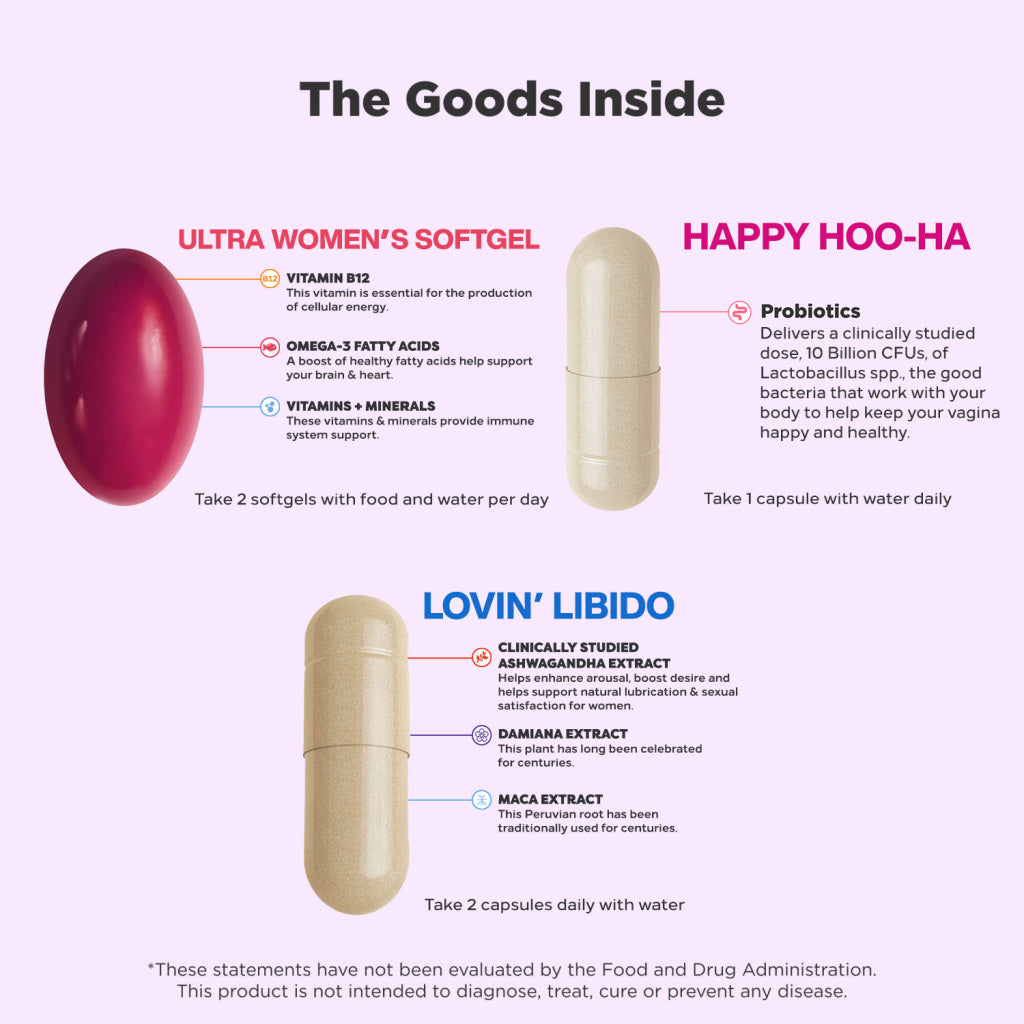 OLLY Woman’s Supplements, Ultra Strength Women’s Multi Softgels, Lovin’ Libido Capsules, Happy Hoo-Ha Capsules, Variety 3-Pack