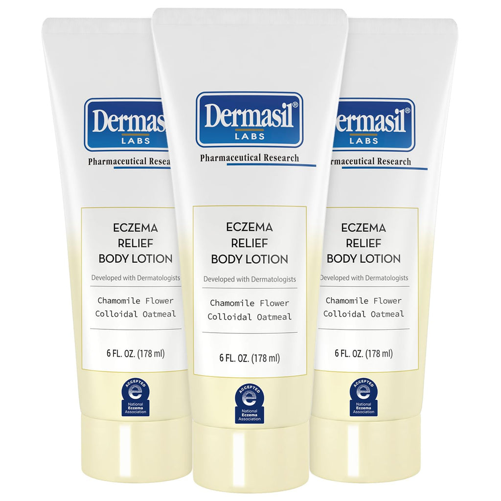 Dermasil Eczema Relief Lotion 3-Pack – Fast-absorbing, non-greasy, fragrance-free with oatmeal & chamomile. Cruelty-free, 6 oz each.