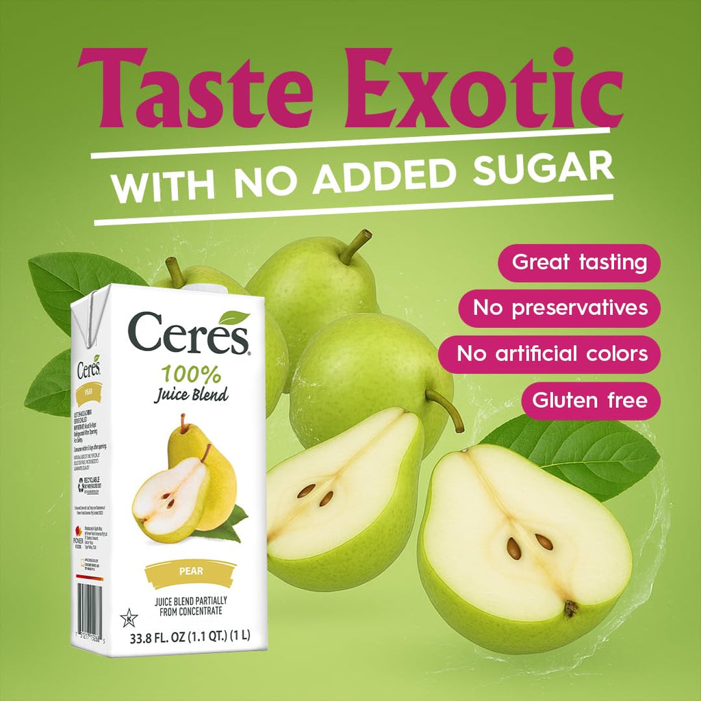 Ceres 100% All Natural Pure Fruit Juice Blend—Delicious Pear Edition—No Added Sugar, Cholesterol Free, Gluten Free—33.8 FL OZ (Pack of 6)