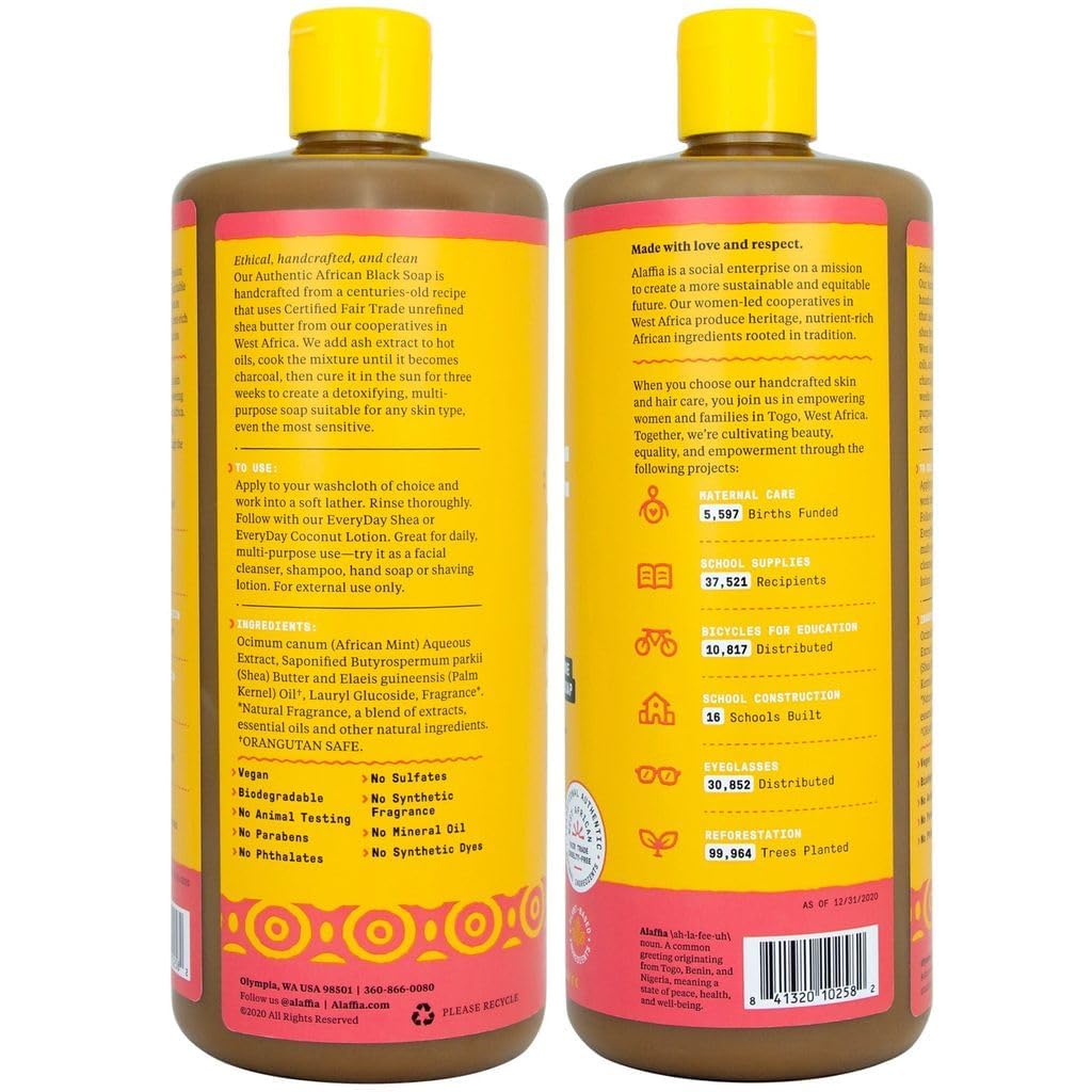 Alaffia Authentic African Black Soap Variety 2-Pack – All-In-One Liquid Soap, Travel-Size Eucalyptus Tea Tree + Full-Size Rosewater Peony Body Wash