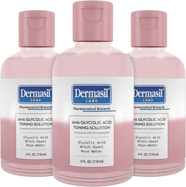 Dermasil AHA Glycolic Acid Toning Solution 3-Pack – Exfoliating Toner for Face with Rose Water, Witch Hazel, and Hyaluronic Acid, 4 Oz Ea