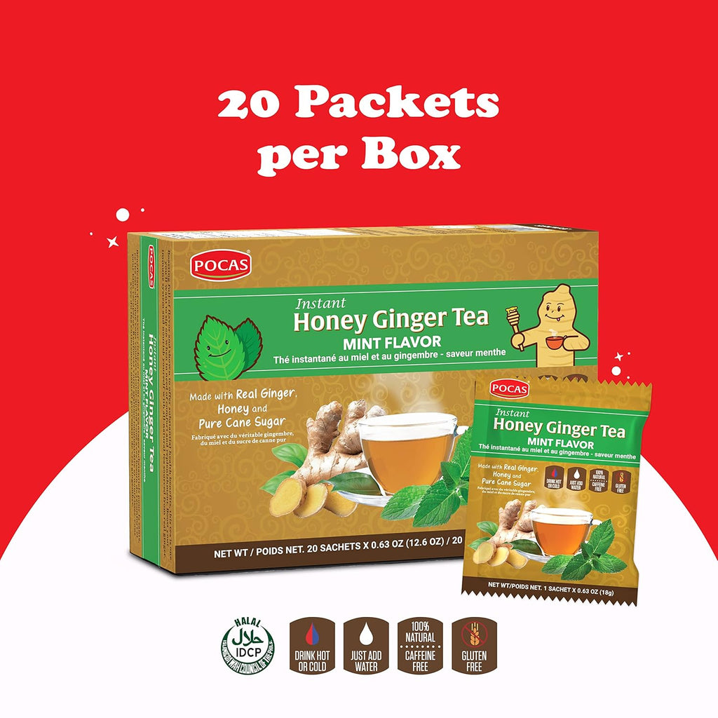 Pocas Honey Ginger Tea—Instant Powder Packets with Mint & Ginger Honey Crystals Tea, Non-GMO/Gluten Free/Caffeine Free Tea, 20 Count (Pack of 2)