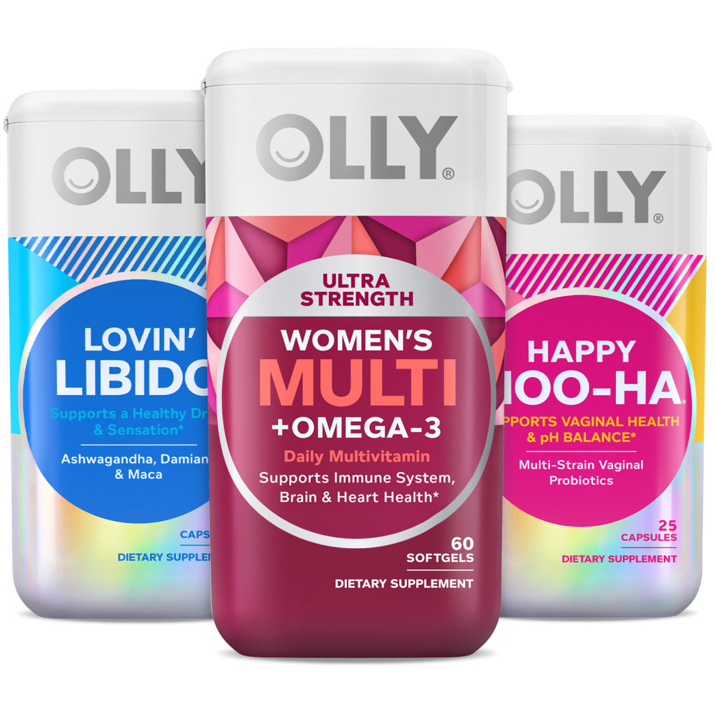 OLLY Woman’s Supplements, Ultra Strength Women’s Multi Softgels, Lovin’ Libido Capsules, Happy Hoo-Ha Capsules, Variety 3-Pack