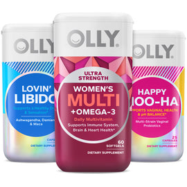 OLLY Woman’s Supplements, Ultra Strength Women’s Multi Softgels, Lovin’ Libido Capsules, Happy Hoo-Ha Capsules, Variety 3-Pack