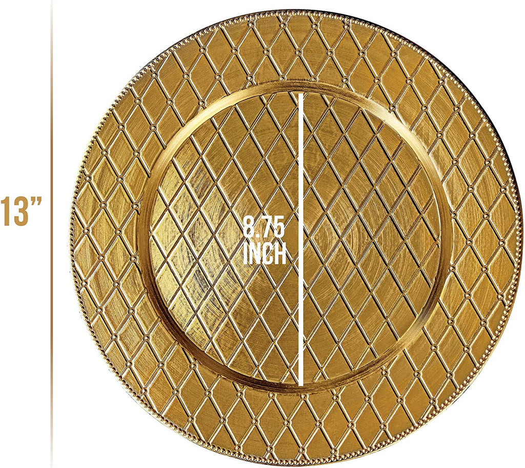 Diamond Gold Charger Plates, 13” Elegant Chargers, Set of 6, Hand Finished (Finish May Vary) Gold Chargers for Dinner Plates & Soup Bowls, Perfect for Weddings, Parties, Anniversary, Holidays