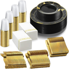 252-Piece Black and Gold Plates, Napkins, Party Supplies, Dinnerware for Adults (36 sets), Gold Plastic Plate Set, Small & Large, Durable Disposable Silverware, Paper Napkins, Cups for Elegant Parties,Chateau Fine Tableware,OxKom