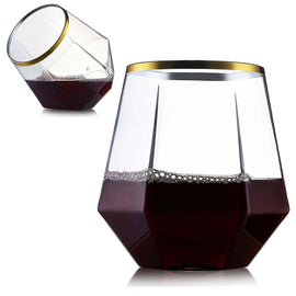 32 Pack Diamond Stemless Plastic Wine Glasses, 12 oz Unique Diamond Shape, Clear Gold Rim Glasses for Wine, Whiskey, Cocktails, Juice, Trendy & Modern Stemware, Food-Grade Disposable Drinkware,Chateau Fine Tableware,OxKom