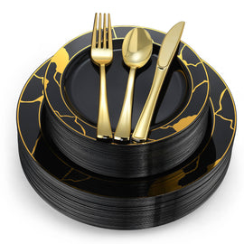 180-Piece Black & Gold Plates Dinnerware Set W/ Plastic Silverware
