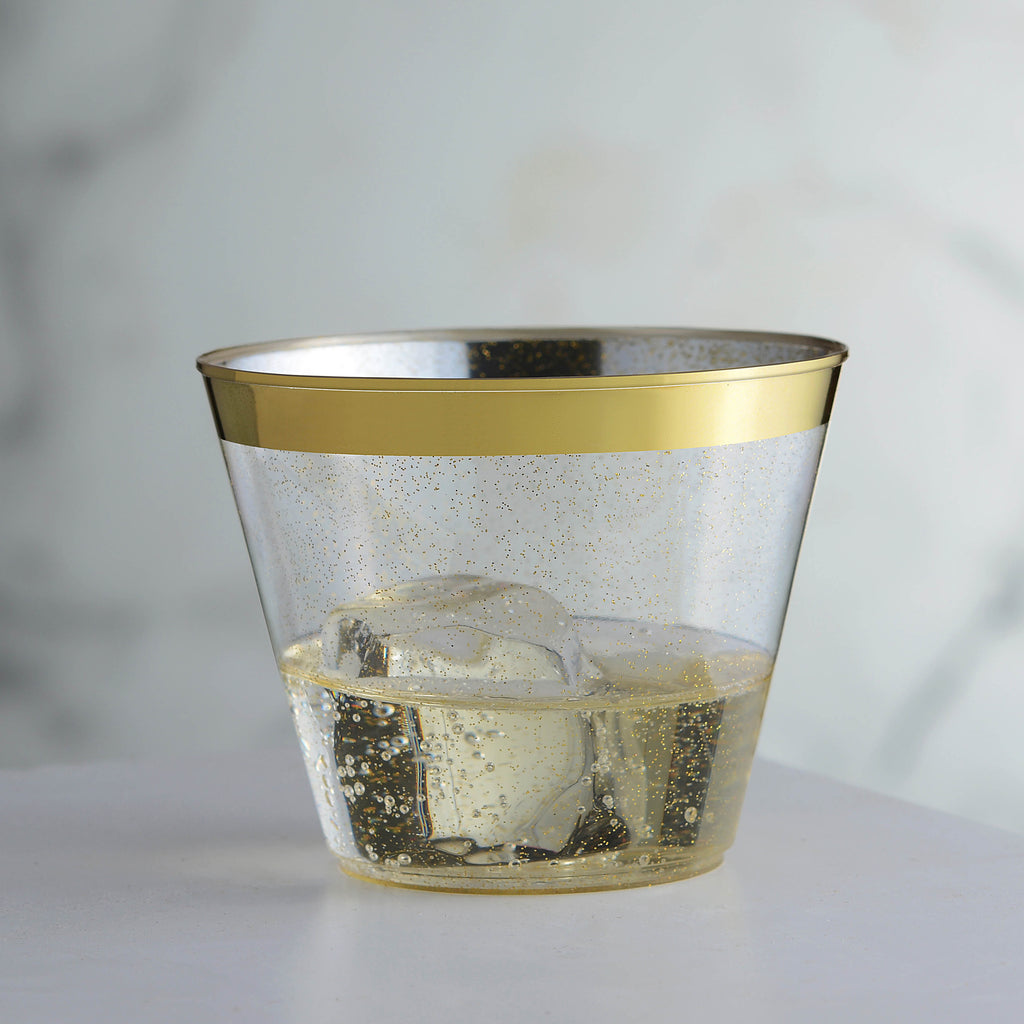100 Pack 9Oz Plastic Cups Gold Glitter W/ Rim Prem Disposable Party