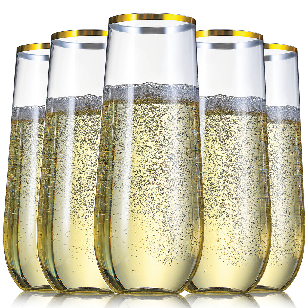 36 Pack Plastic Stemless Champagne Flutes, 9 oz Clear Drinking & Toasting Glass with Elegant Gold Rim, Disposable Drinkware for Wine, Cocktails, Sparkling Water, Mimosas