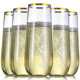 36 Pack Plastic Stemless Champagne Flutes, 9 oz Clear Drinking & Toasting Glass with Elegant Gold Rim, Disposable Drinkware for Wine, Cocktails, Sparkling Water, Mimosas