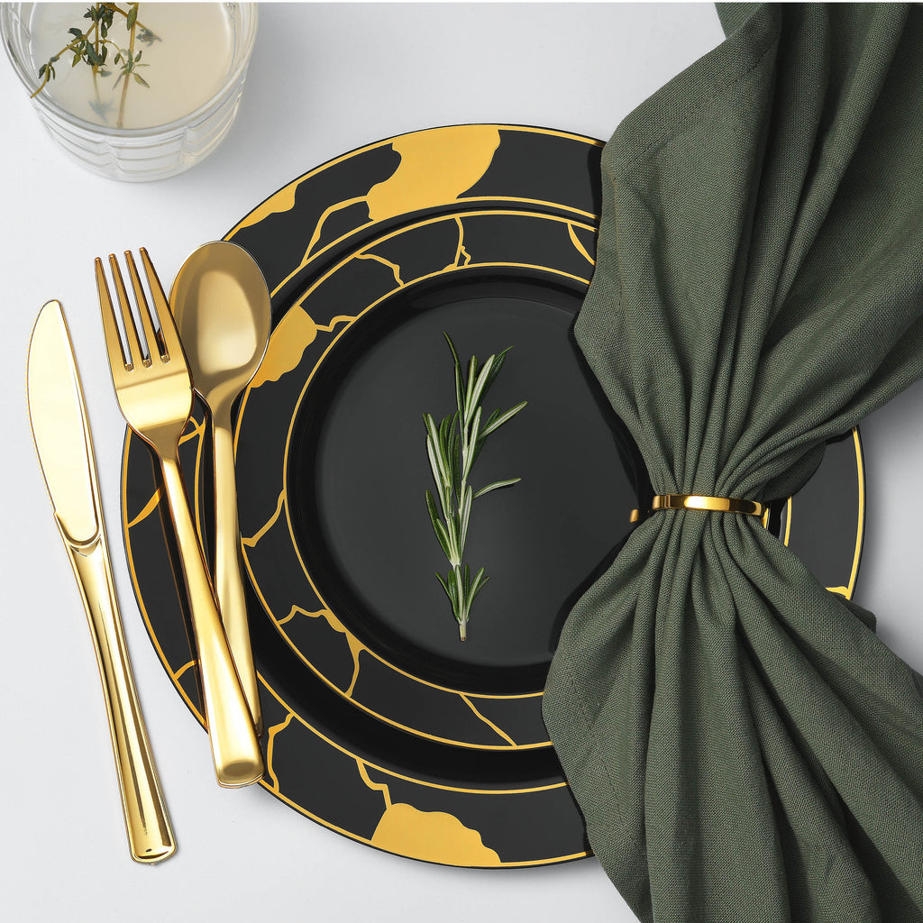 180-Piece Black & Gold Plates Dinnerware Set W/ Plastic Silverware