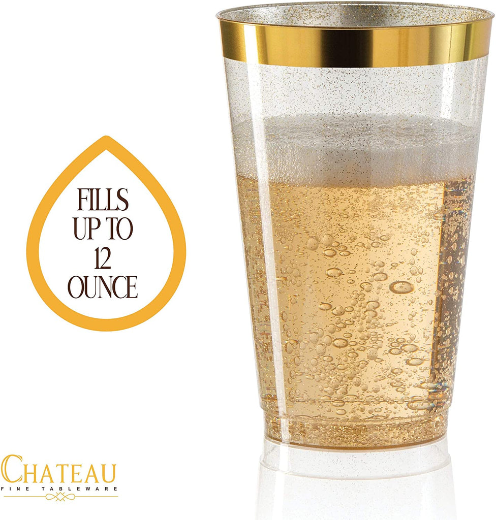 100 Gold Plastic Cups 12 oz Gold Glitter with a Gold Rim