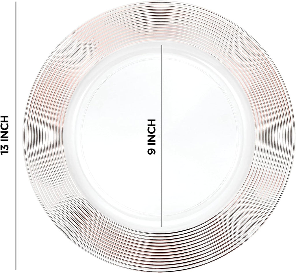 Rose Gold Charger Plates 13” (Set of 6) Dinner Service Plates for Parties, Weddings, Thanksgiving, New Year’s Eve Celebrations, Clear Plastic Disposable, Reusable Chargers, Dinner Plates