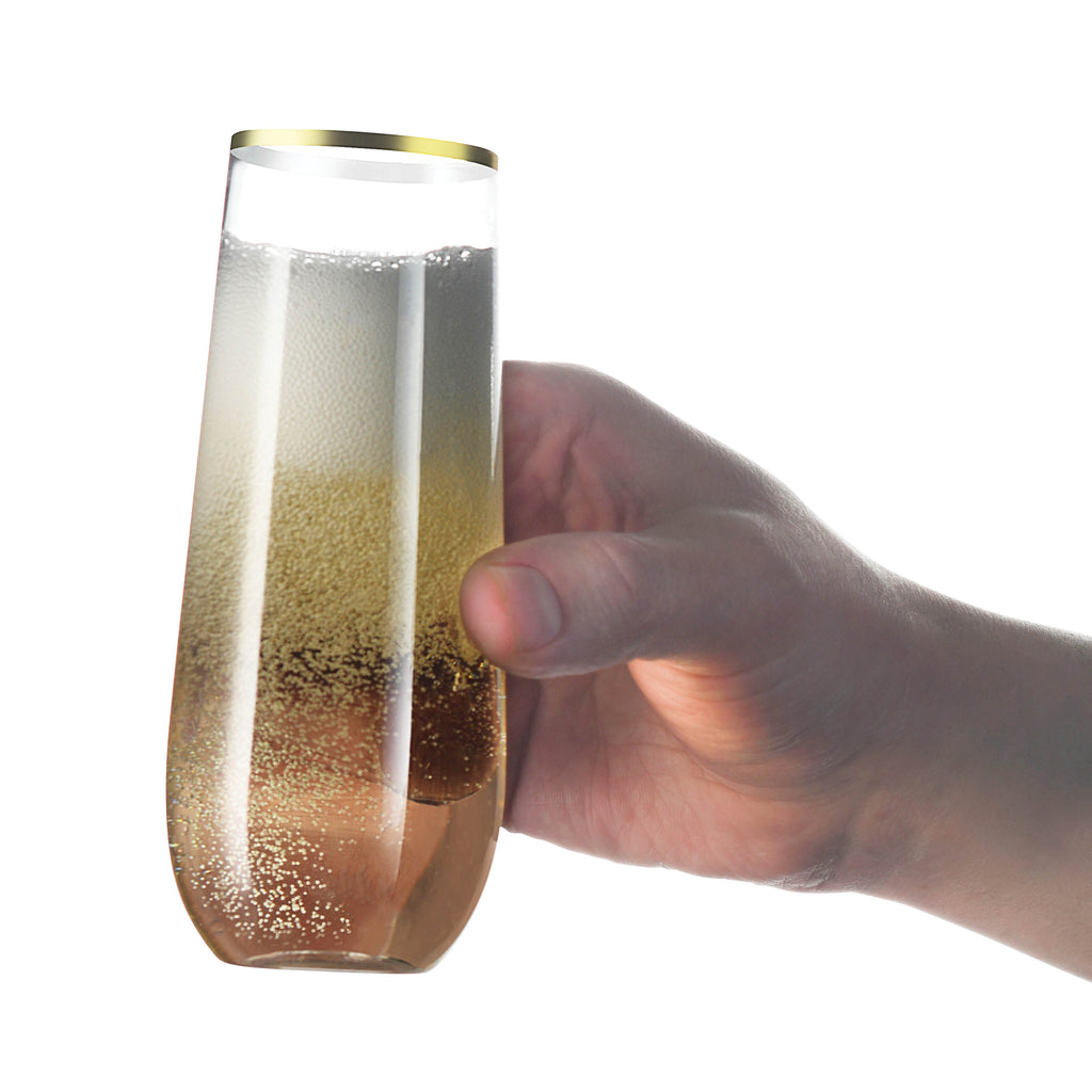 36 Pack Plastic Stemless Champagne Flutes, 9 oz Clear Drinking & Toasting Glass with Elegant Gold Rim, Disposable Drinkware for Wine, Cocktails, Sparkling Water, Mimosas