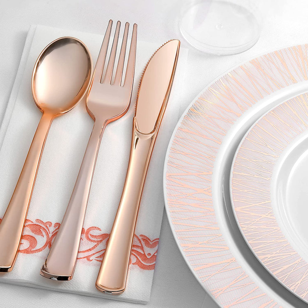 252-Piece Rose Gold Plates, Napkins, Party Supplies, Dinnerware for Adults (36 sets), Gold Plastic Plate Set, Small & Large, Durable Disposable Silverware, Paper Napkins, & Cups for Elegant Parties