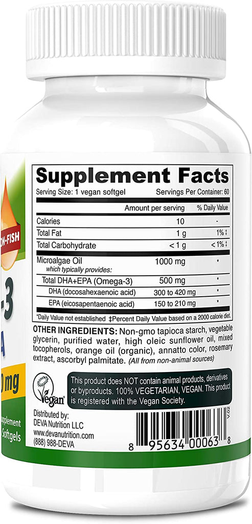Deva Vegan Omega-3 DHA EPA 500 mg Potency Carrageenan Free 60 Softgels