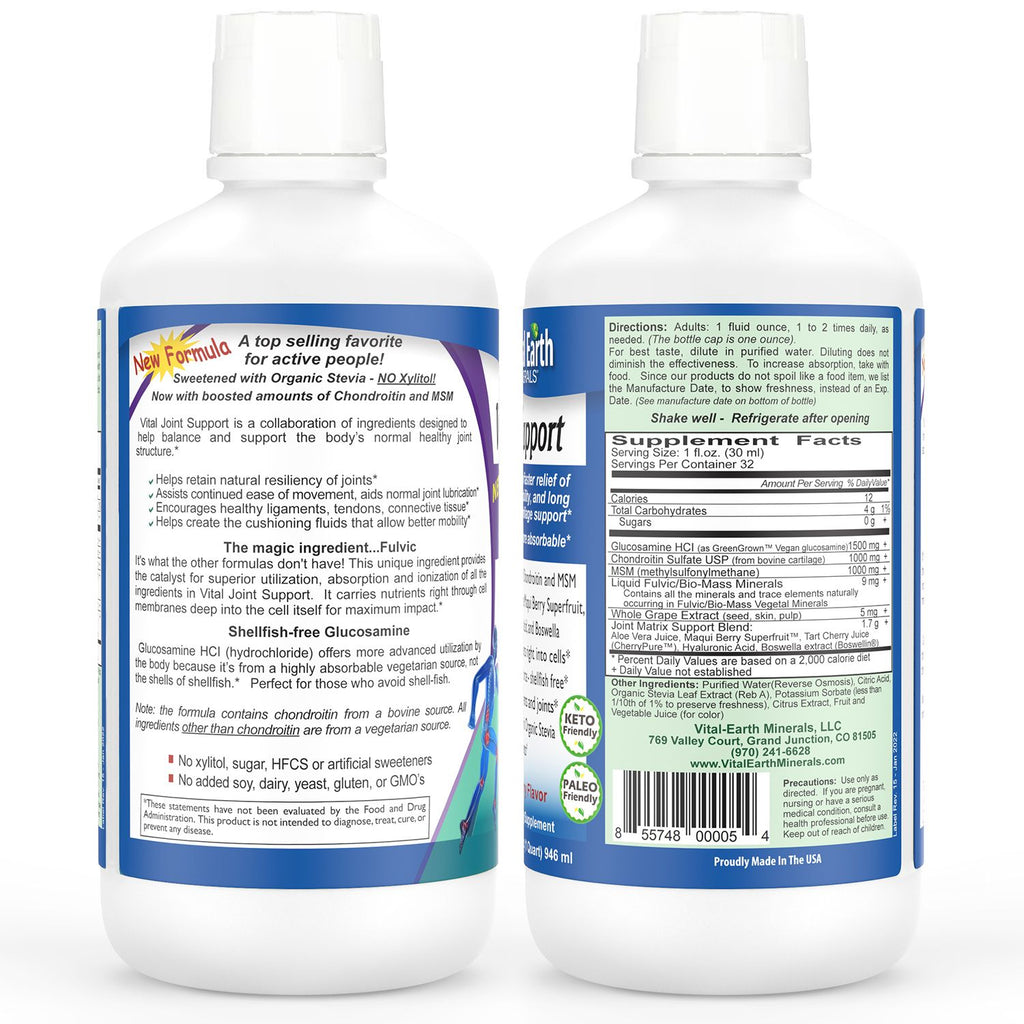 Vital Earth Joint Support Supplement with Fulvic Acid Trace Minerals - Liquid MSM/Liquid Glucosamine Chondroitin for Humans, Aloe Vera/Tart Cherry Juice/Hyaluronic Acid/Boswellia, 32 Fl Oz