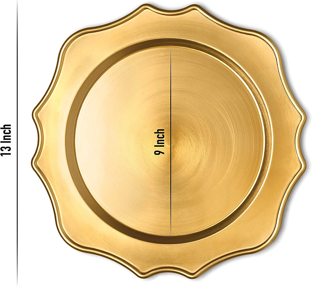 Scalloped Gold Charger Plates, 13” Elegant Chargers, Set of 6, Hand Finished (Finish May Vary) Scalloped Gold Chargers for Dinner Plates & Bowls, Perfect for Weddings, Parties, Anniversary, Holidays