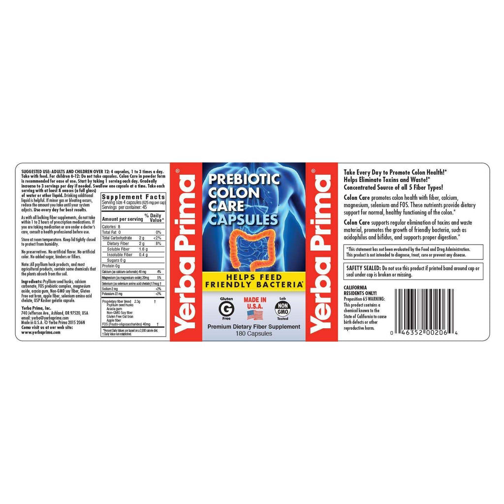 Yerba Prima Colon Care - 625 mg - 180 Capsules,YERBA PRIMA,OxKom