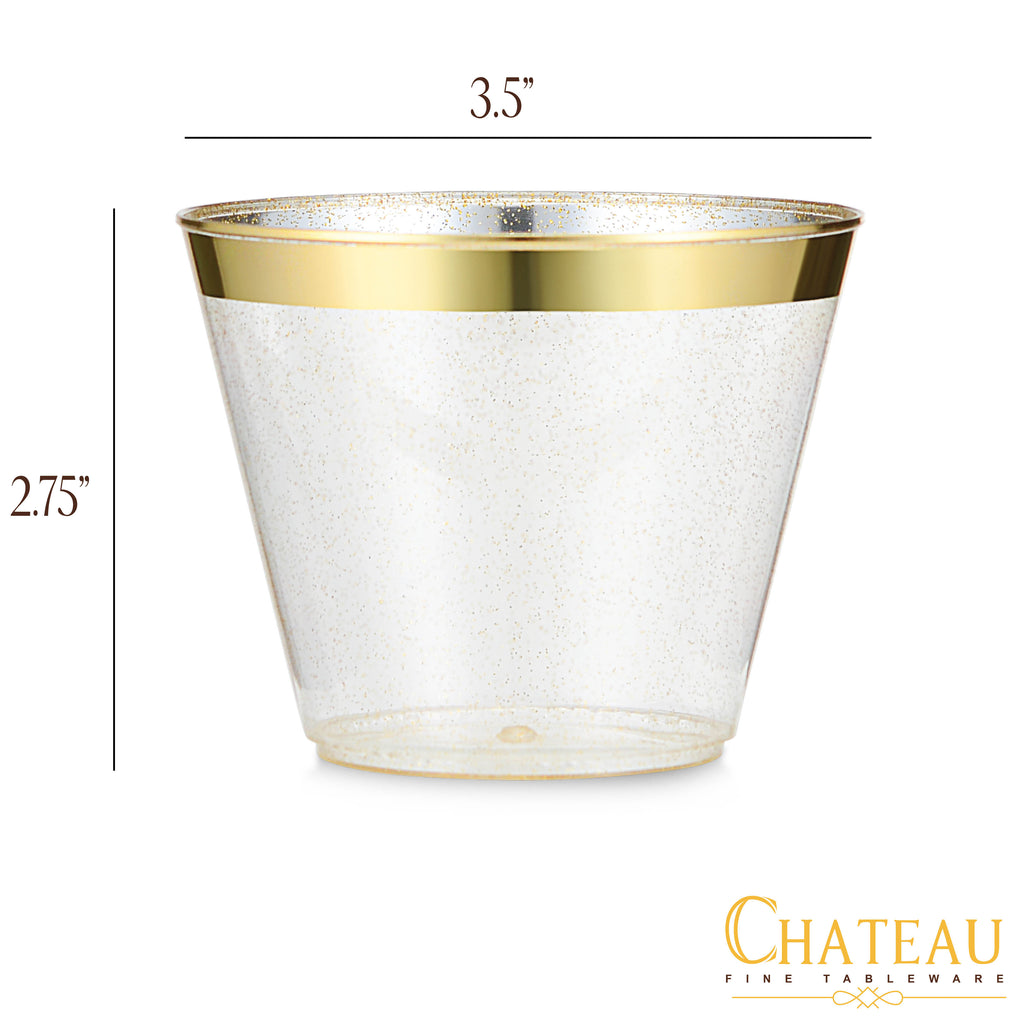 100 Pack 9Oz Plastic Cups Gold Glitter W/ Rim Prem Disposable Party