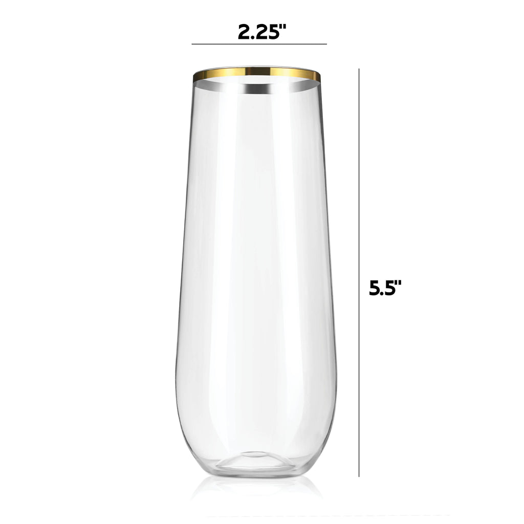 36 Pack Plastic Stemless Champagne Flutes, 9 oz Clear Drinking & Toasting Glass with Elegant Gold Rim, Disposable Drinkware for Wine, Cocktails, Sparkling Water, Mimosas