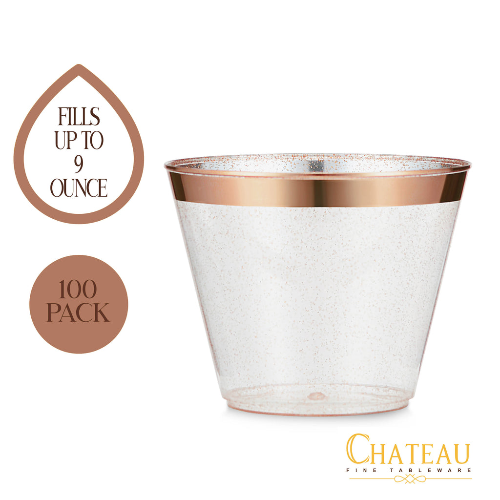 100 Pack 9oz Plastic Cups Gold Glitter with a Gold Rim - Premium Disposable Party Cups - Elegant and Classy Sturdy Cups - Weddings Birthdays Anniversaries and Other Social Events