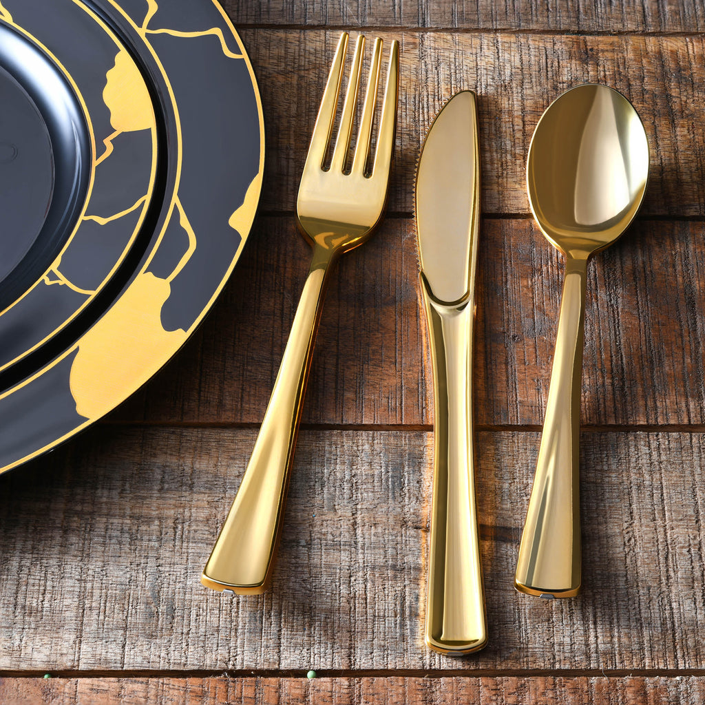 180-Piece Black & Gold Plates Dinnerware Set W/ Plastic Silverware