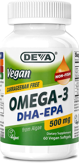 Deva Vegan Omega-3 DHA EPA 500 mg Potency Carrageenan Free 60 Softgels