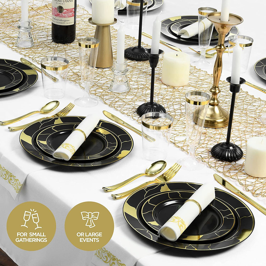 252-Piece Black and Gold Plates, Napkins, Party Supplies, Dinnerware for Adults (36 sets), Gold Plastic Plate Set, Small & Large, Durable Disposable Silverware, Paper Napkins, Cups for Elegant Parties,Chateau Fine Tableware,OxKom