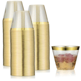 100 Pack 9Oz Plastic Cups Gold Glitter W/ Rim Prem Disposable Party