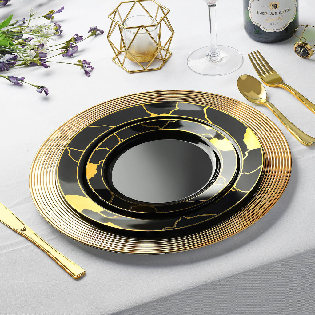 180-Piece Black & Gold Plates Dinnerware Set W/ Plastic Silverware