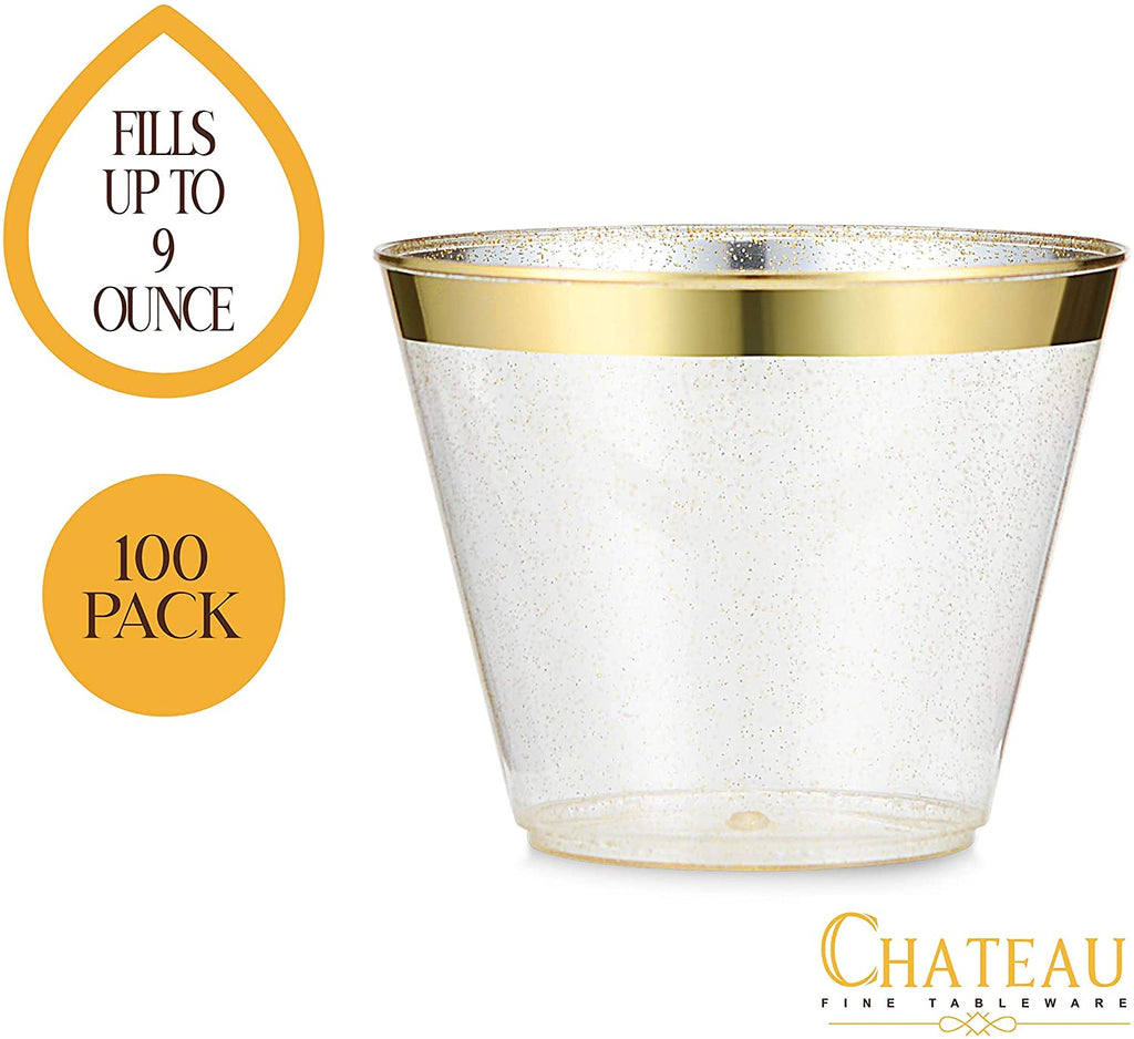 100 Pack 9Oz Plastic Cups Gold Glitter W/ Rim Prem Disposable Party