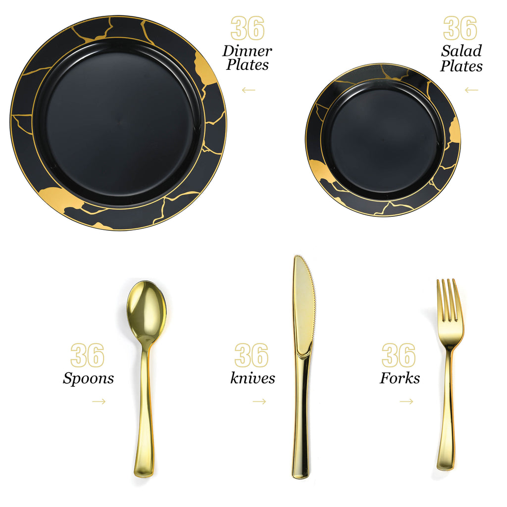 180-Piece Black & Gold Plates Dinnerware Set W/ Plastic Silverware
