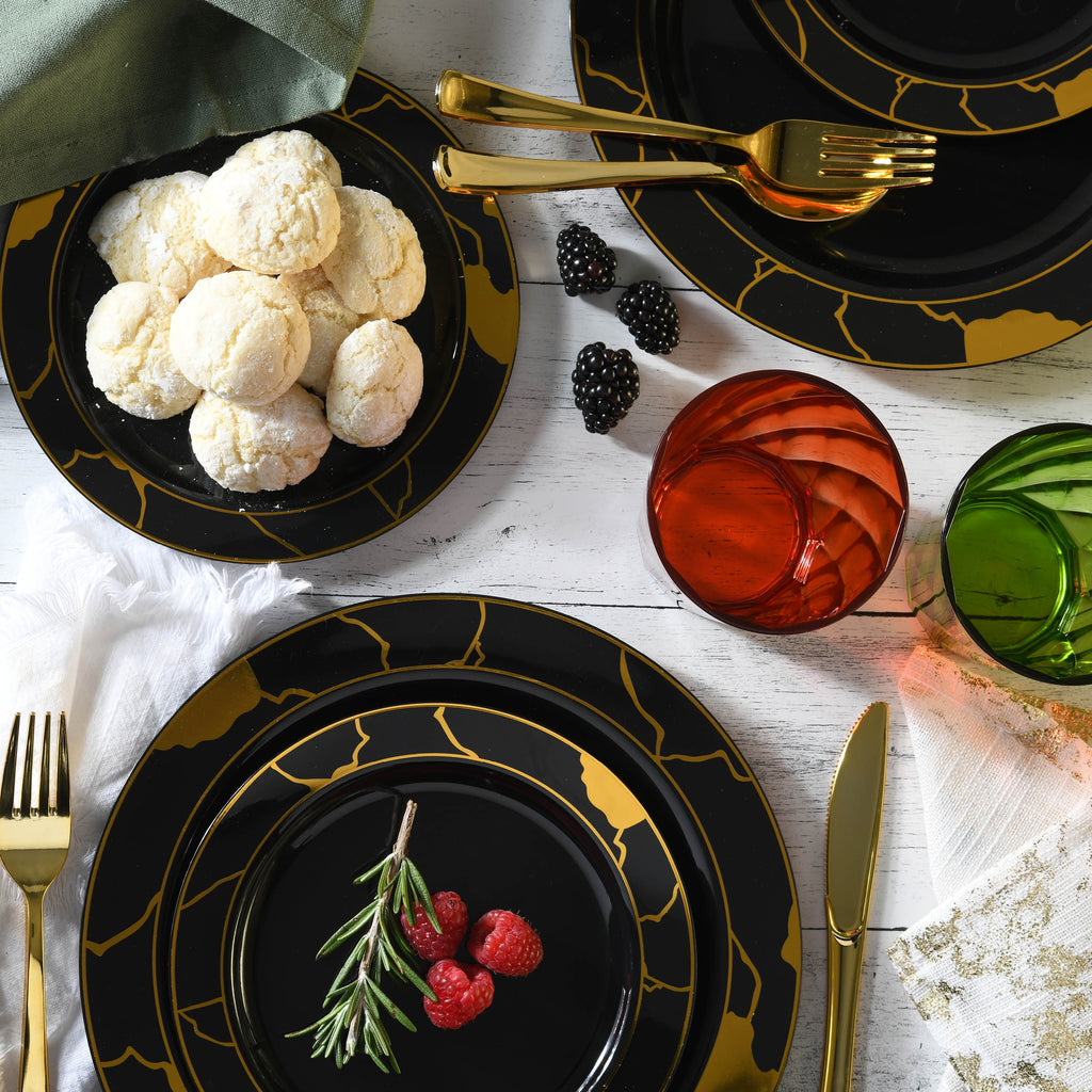 180-Piece Black & Gold Plates Dinnerware Set W/ Plastic Silverware