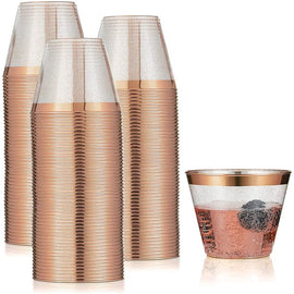100 Pack 9oz Plastic Cups Gold Glitter with a Gold Rim - Premium Disposable Party Cups - Elegant and Classy Sturdy Cups - Weddings Birthdays Anniversaries and Other Social Events