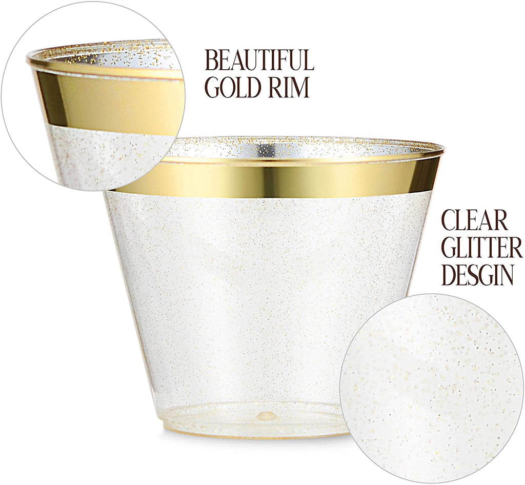 100 Pack 9Oz Plastic Cups Gold Glitter W/ Rim Prem Disposable Party