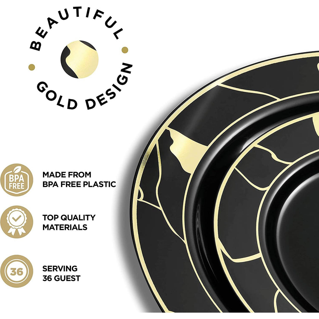 252-Piece Black and Gold Plates, Napkins, Party Supplies, Dinnerware for Adults (36 sets), Gold Plastic Plate Set, Small & Large, Durable Disposable Silverware, Paper Napkins, Cups for Elegant Parties,Chateau Fine Tableware,OxKom
