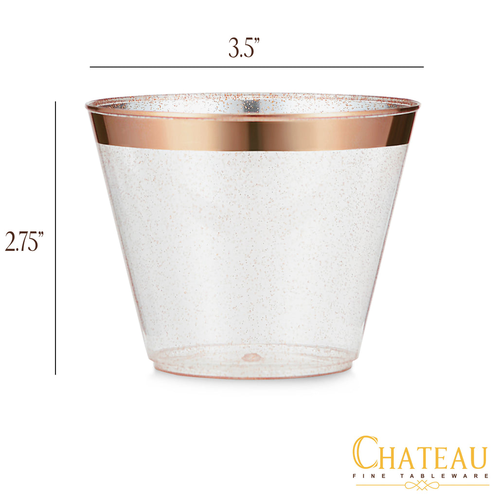 100 Pack 9oz Plastic Cups Gold Glitter with a Gold Rim - Premium Disposable Party Cups - Elegant and Classy Sturdy Cups - Weddings Birthdays Anniversaries and Other Social Events