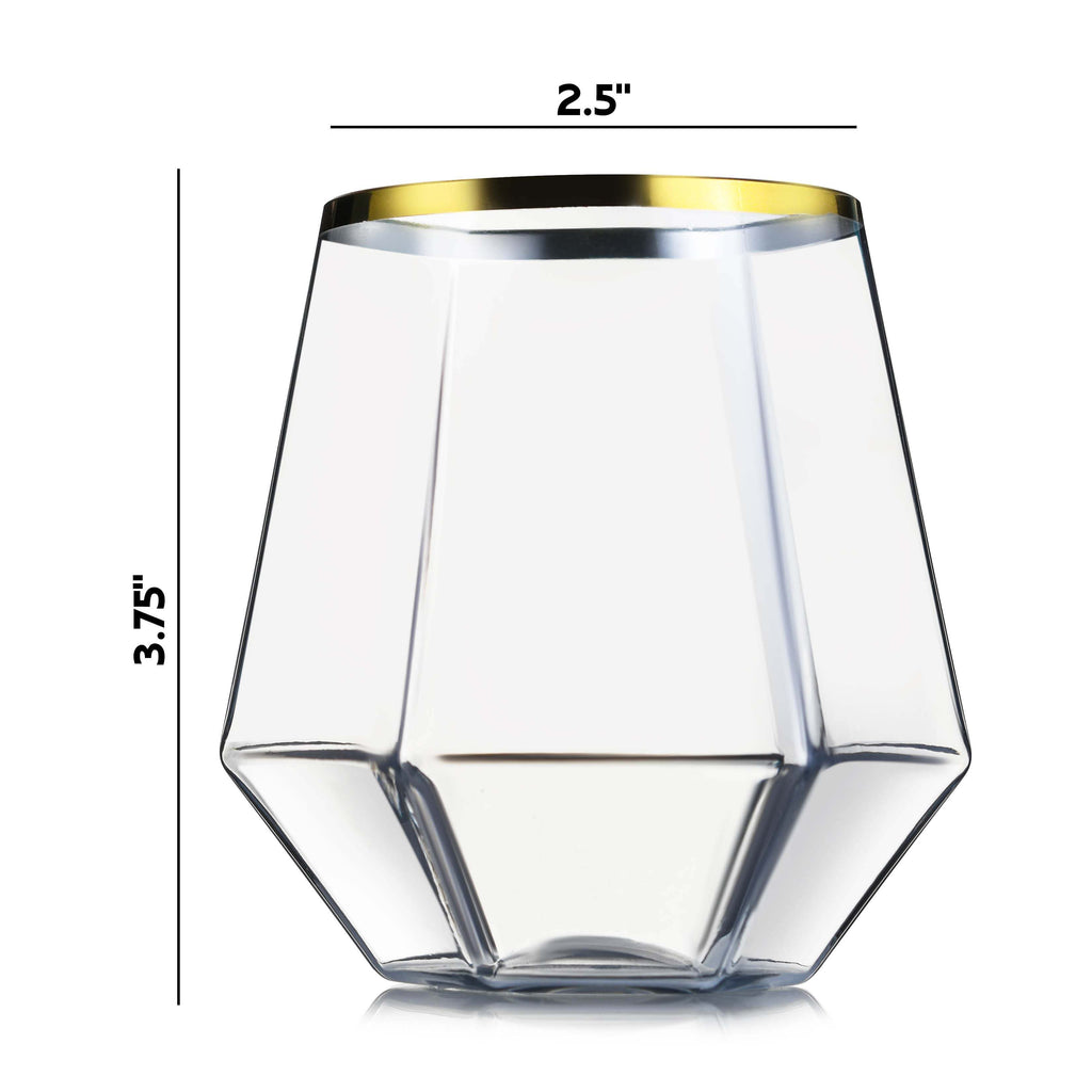 32 Pack Diamond Stemless Plastic Wine Glasses, 12 oz Unique Diamond Shape, Clear Gold Rim Glasses for Wine, Whiskey, Cocktails, Juice, Trendy & Modern Stemware, Food-Grade Disposable Drinkware,Chateau Fine Tableware,OxKom