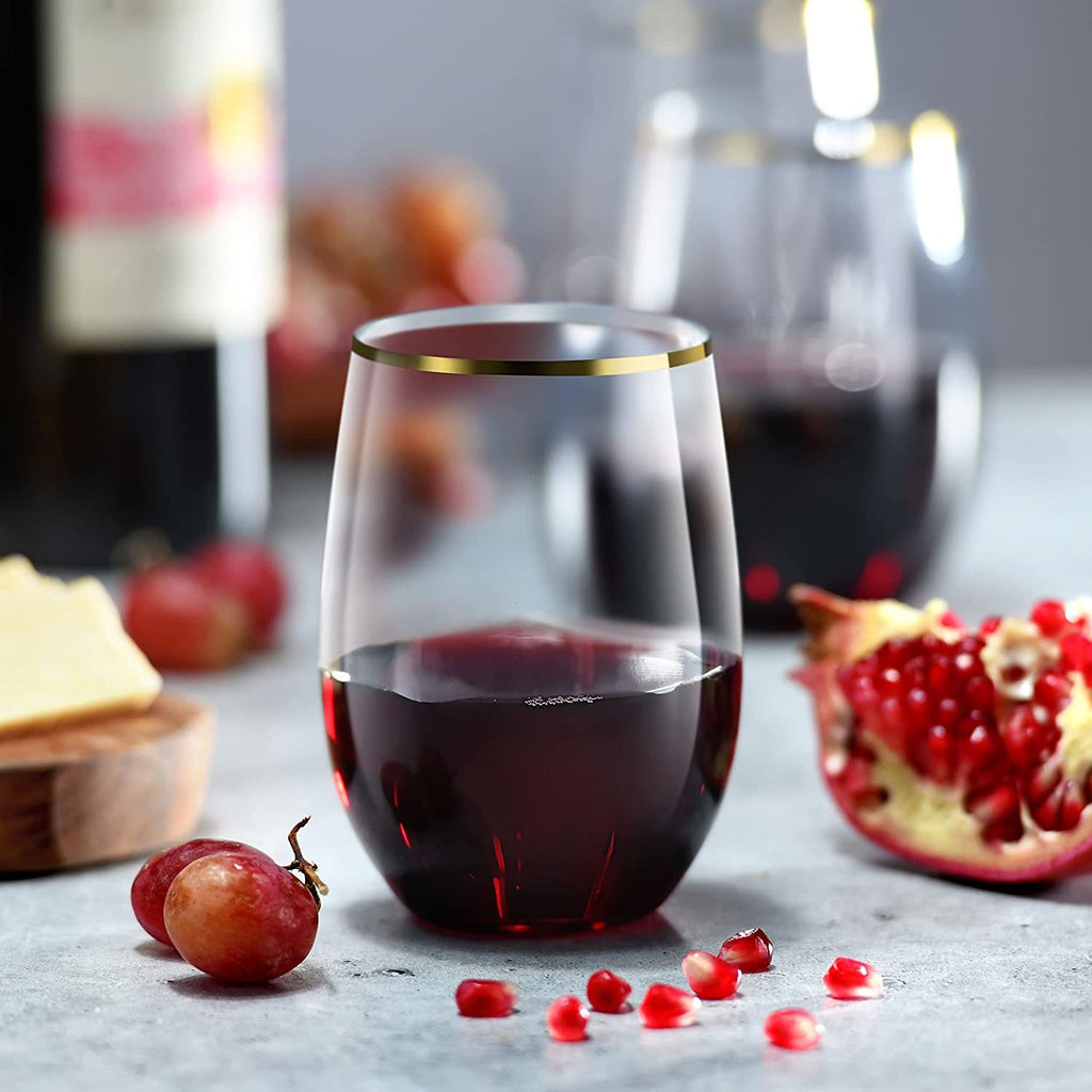 30 Pack Stemless Plastic Wine Glasses - 16 Oz - BPA Free Disposable Wine Glasses for Parties - Shatterproof Plastic Stemless Wine Glass for All Drinks - Gold Rimmed Wine Glasses,Chateau Fine Tableware,OxKom