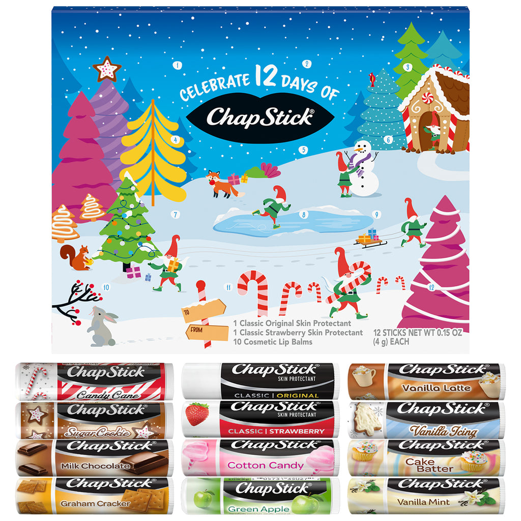 ChapStick Lip Balm Holiday Advent Calendar 12-Pack – Classic Original + 11 Flavored Lip Moisturizers, .15 Oz Ea