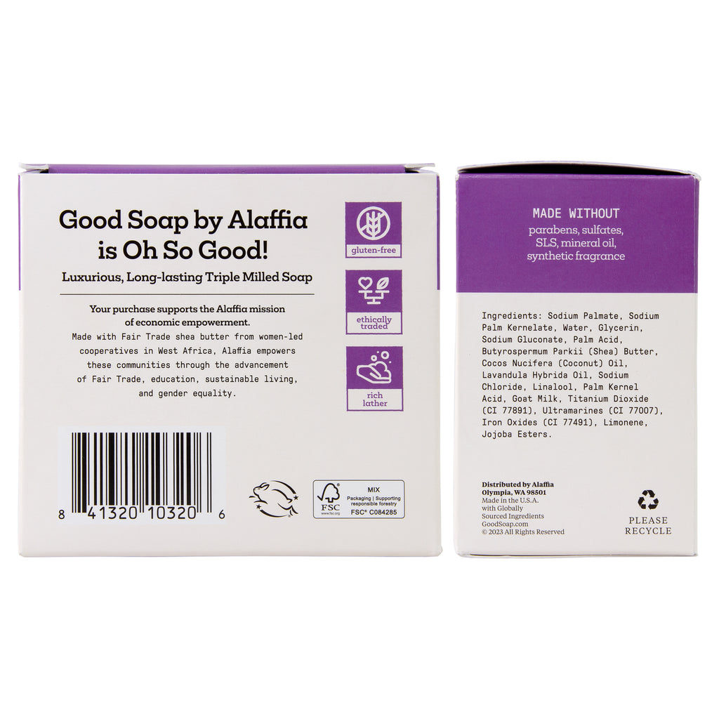 Alaffia Good Soap Lavender (4 Bars) – Long-lasting, triple-milled soap made with fair trade shea butter. Lavender scent, gentle for daily use.