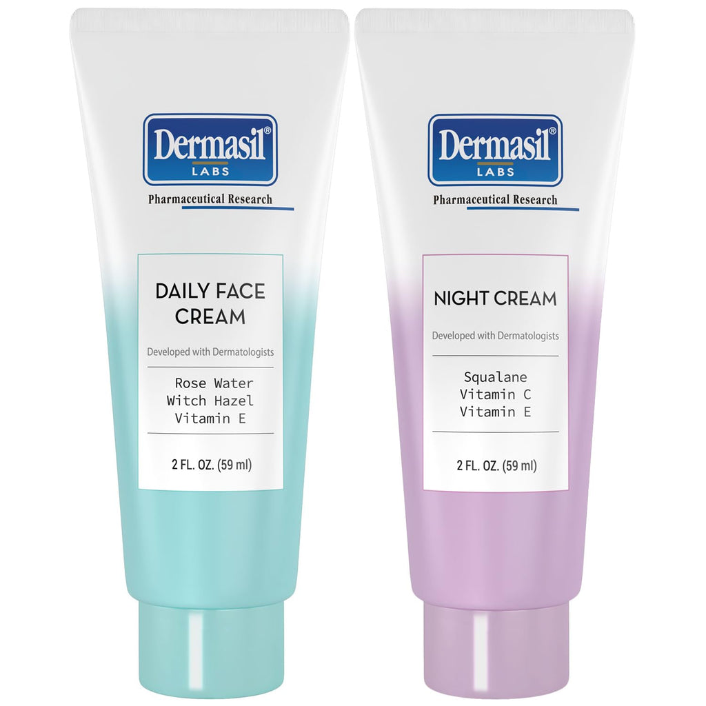Dermasil Face Moisturizer Variety 2-Pack – Daily Face Cream with Witch Hazel and Rose Water + Night Cream with Vitamin C and Squalane, 2 Oz Ea