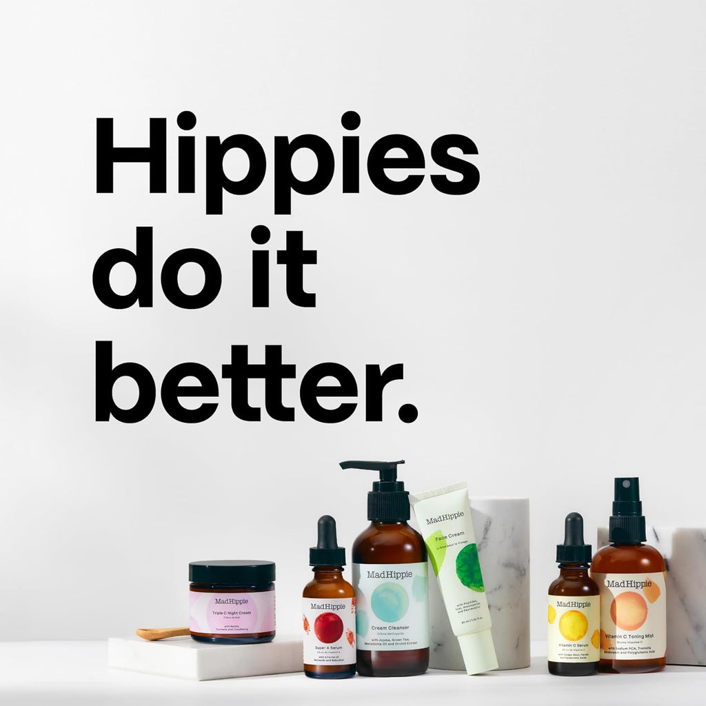 Mad Hippie Travel Essentials – Vitamin C Serum, Triple C Night Cream, Super A Serum + Jelly Cleanser in a 100% Recycled Toiletries Bag, Skin Care