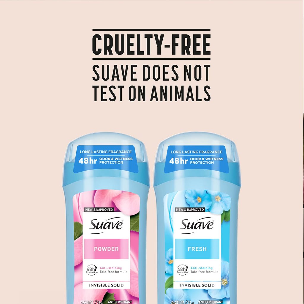 Suave Antiperspirant Deodorant for Women, Fresh & Powder Variety 2-Pack – Anti-Staining Invisible Solid Sticks, Talc-Free, 2.6 Oz Ea
