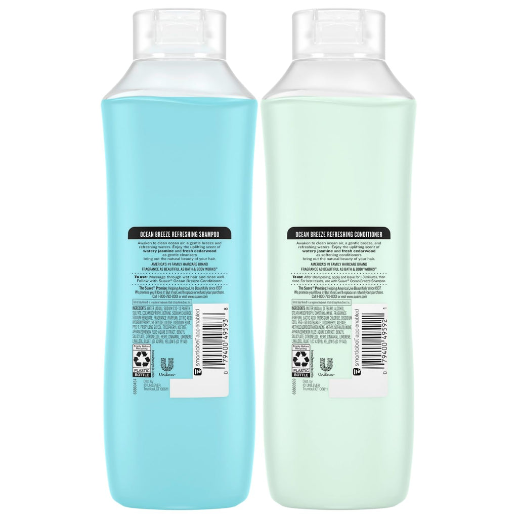 Suave Shampoo & Conditioner Set, Ocean Breeze – Everyday Refreshing Formulas with Sea Algae Extract & Vitamin E, 22.5 Oz Ea (2 Piece Set)